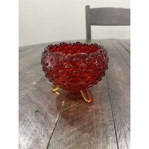 Vintage LE Smith Art Glass Footed Decorative Bowl Amberina Hobnail Orange‎
